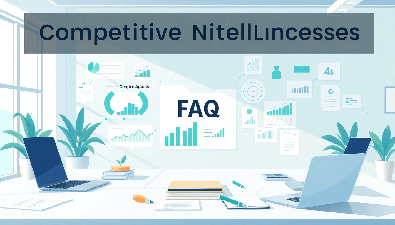 Visual representation of competitive intelligence FAQs with charts and a bright office background.