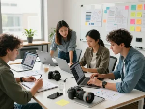 Team collaborating on an innovative project using an image to prompt in a modern tech workspace.