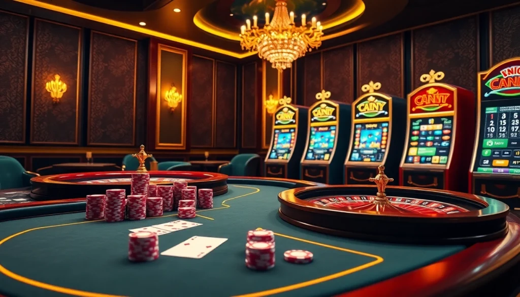 Joueurs engagés dans un luxueux casino en ligne Français avec des tables colorées, des cartes et des machines à sous.