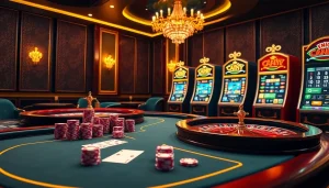 Joueurs engagés dans un luxueux casino en ligne Français avec des tables colorées, des cartes et des machines à sous.