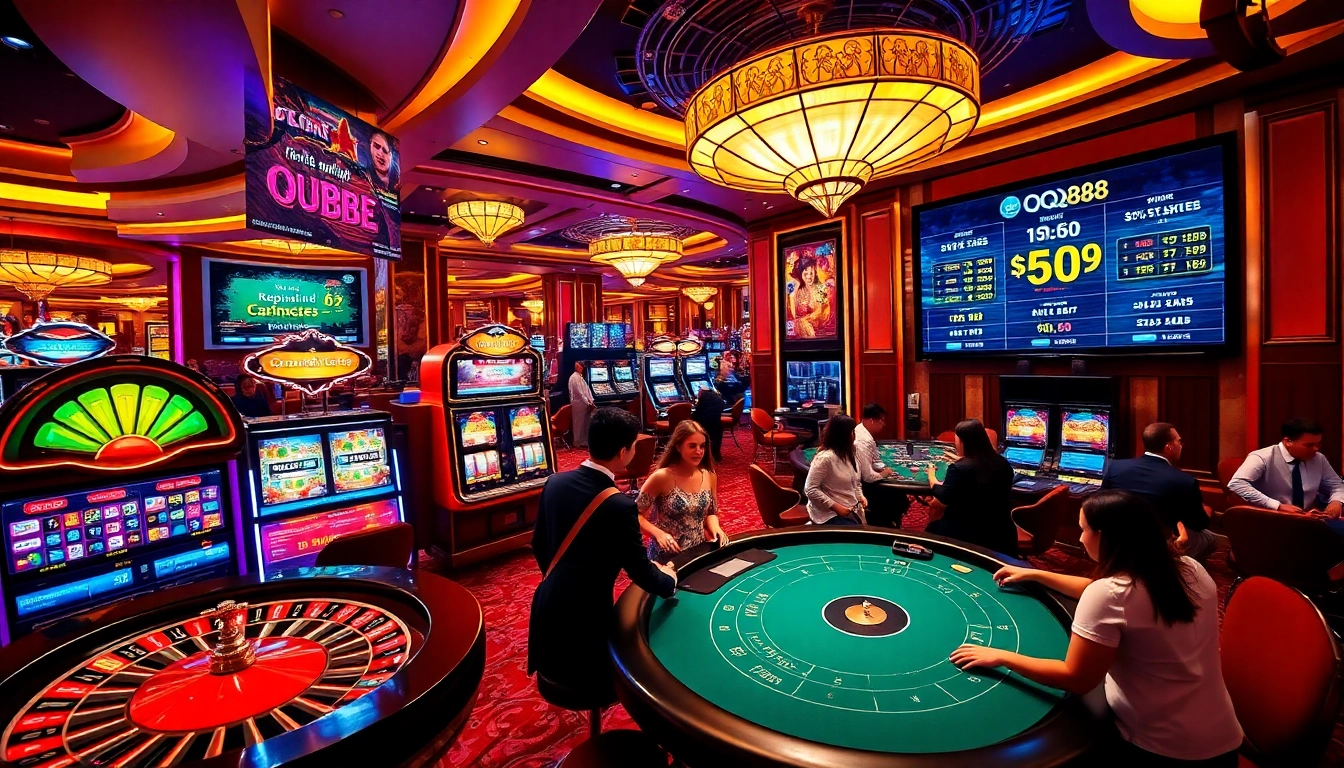 Participants enjoying the QQ88 online casino experience with vibrant slot machines and roulette.