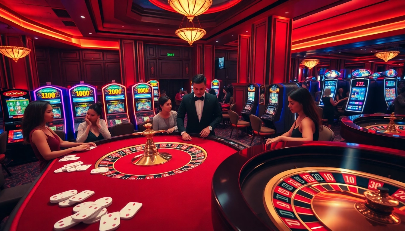MM88 players experience luxury and excitement at a bustling casino table with vibrant games.