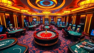 LUCK8 casino scene with players enjoying roulette and poker in a luxurious setting.