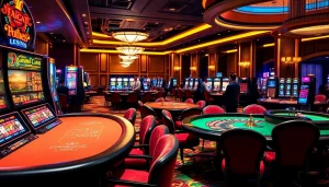 Suasana permainan yang menarik di aurendezvousdesamis.com yang menampilkan mesin slot, meja poker, dan roda roulette.