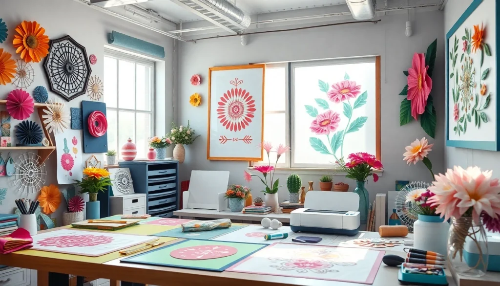 Cricut SVG designs displayed in a vibrant craft room with crafting tools.