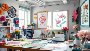 Cricut SVG designs displayed in a vibrant craft room with crafting tools.