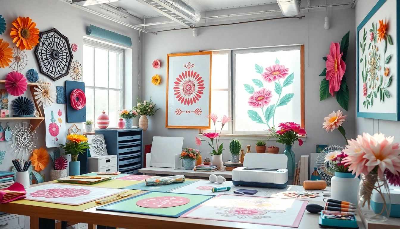 Cricut SVG designs displayed in a vibrant craft room with crafting tools.