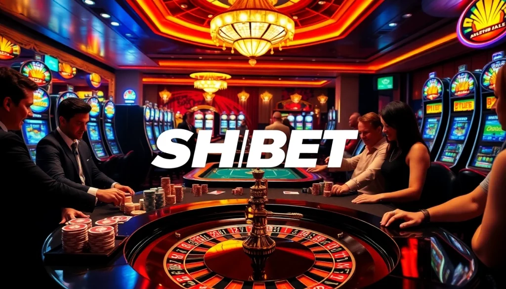 Players enjoying a thrilling game at SHBET casino with vibrant lighting and poker chips.