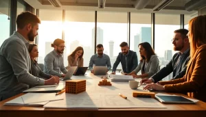 Team discussing plans in a construction member organization meeting, highlighting collaboration and innovation.