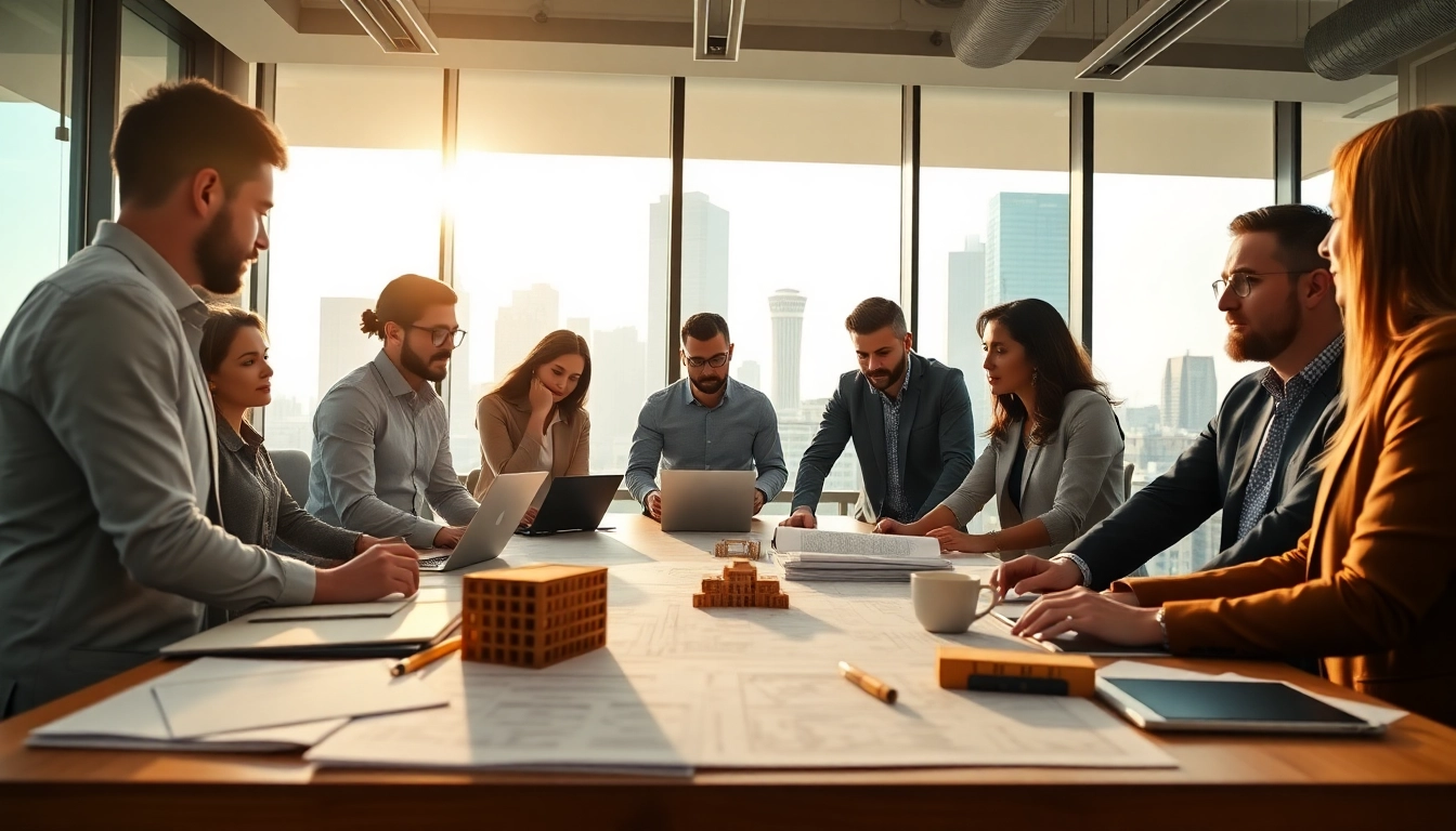 Team discussing plans in a construction member organization meeting, highlighting collaboration and innovation.
