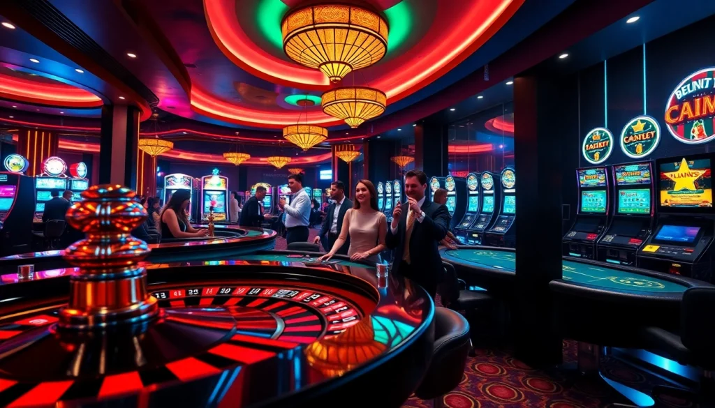 Gambling excitement at XXGG casino with vibrant slot machines and a roulette wheel.