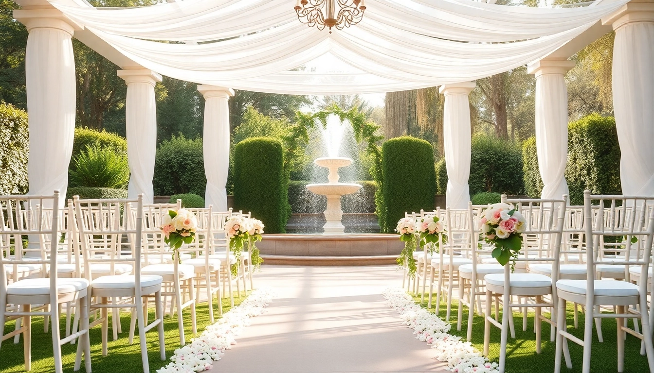 Elegant garden setup showcasing wedding venues sacramento amid floral decorations and a serene fountain.