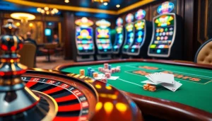 Scène de casino en ligne français avec une roue de roulette, des jetons de poker et une élégante table de casino.