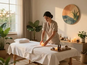 편안한 웰니스 환경에서 전문 치료사가 편안한 경험을 위해 준비하는 출장안마 세션.