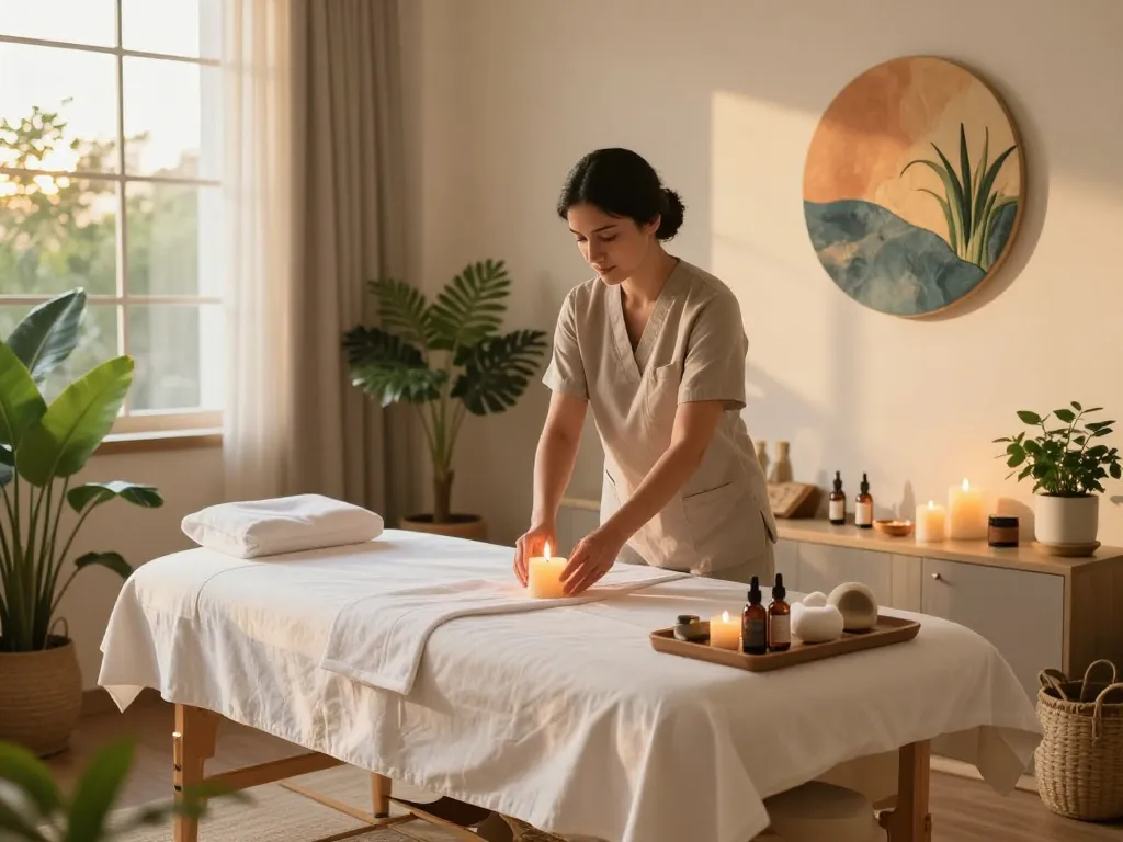 편안한 웰니스 환경에서 전문 치료사가 편안한 경험을 위해 준비하는 출장안마 세션.