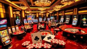 Experience thrilling gaming at LC88's luxurious casino, featuring poker chips and dynamic slot machines.