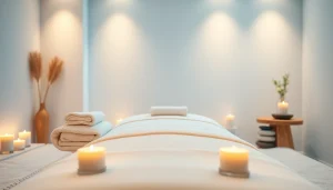 편안한 분위기와 진정 요소가 있는 마사지 요법 설정.