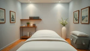 아늑한 장식과 중립적인 색조를 가진 매력적인 1인샵 마사지 치료실.