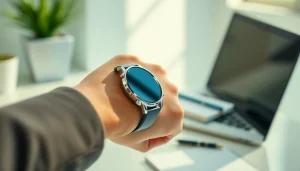 Wear a Pulse Smart Watch on your wrist while working at a bright, minimalist workspace.