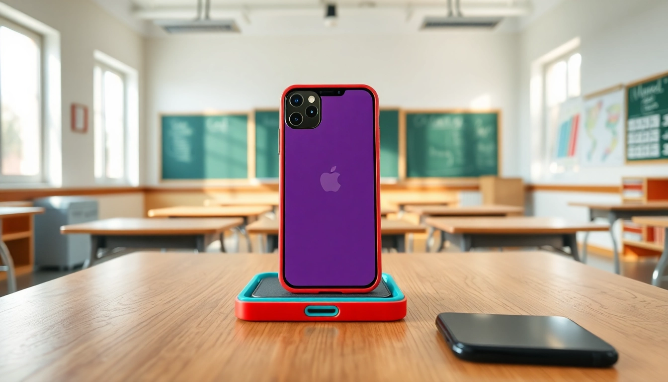 Handytasche Lehrer auf einem Schreibtisch im Klassenzimmer organisiert Mobilgeräte.