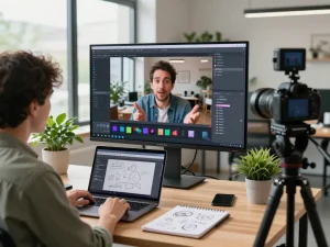Content creator using video to prompt AI tool in a modern workspace, analyzing footage on a screen with a notepad and greenery around.