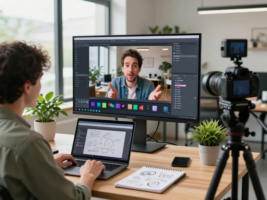Content creator using video to prompt AI tool in a modern workspace, analyzing footage on a screen with a notepad and greenery around.