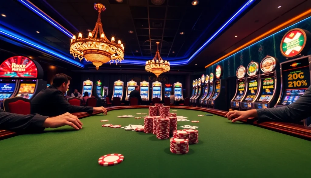 Engaging idn poker gameplay with vibrant chips and cards at a luxurious casino setting.
