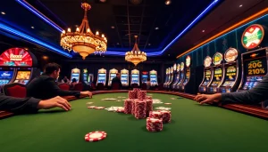 Engaging idn poker gameplay with vibrant chips and cards at a luxurious casino setting.