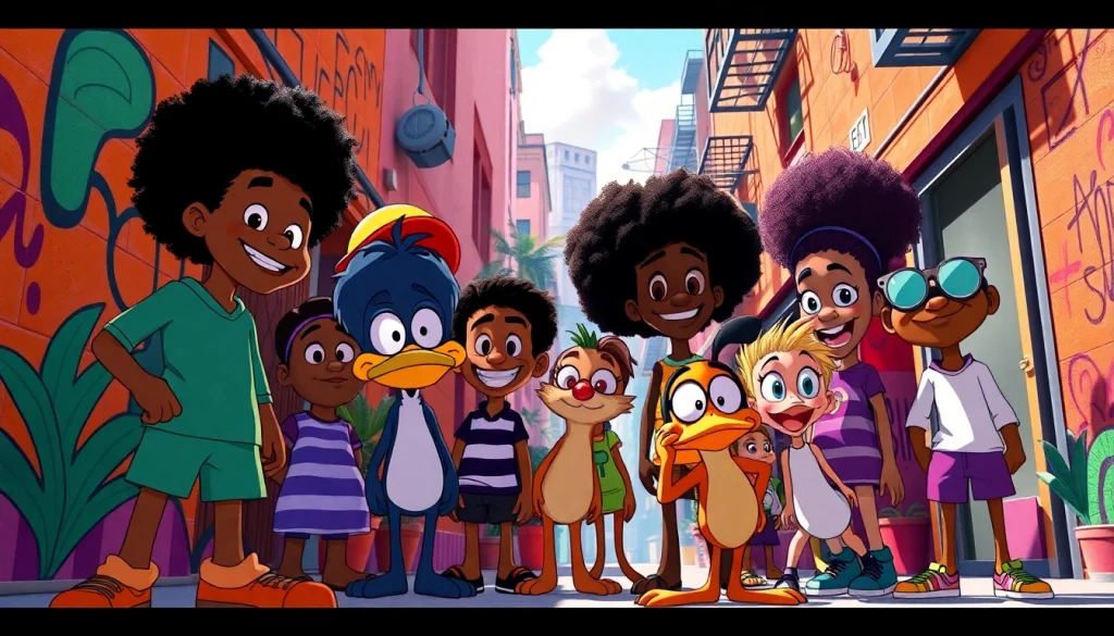 A colorful scene showcasing African American Cartoons featuring iconic characters like Huey and Riley Freeman in an urban landscape.