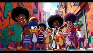A colorful scene showcasing African American Cartoons featuring iconic characters like Huey and Riley Freeman in an urban landscape.