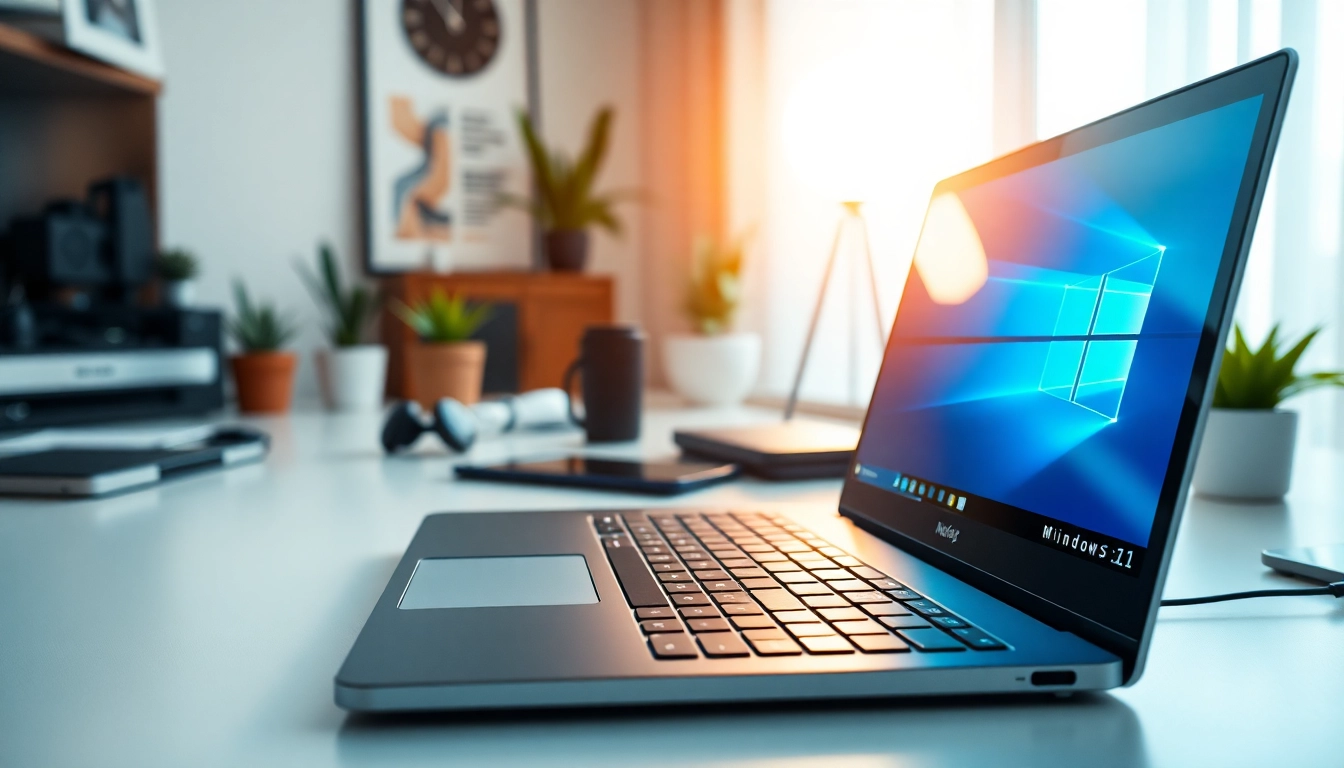 Użytkownicy Windows 11 pracując na nowoczesnym laptopie w stylowym biurze.