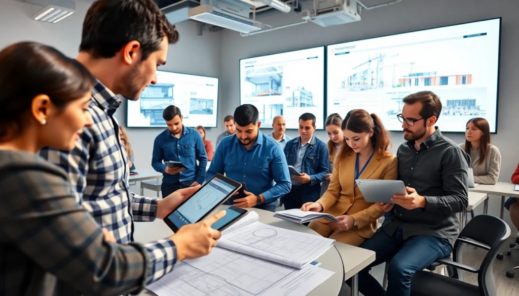Engaging construction management training with diverse participants actively learning in a modern classroom.