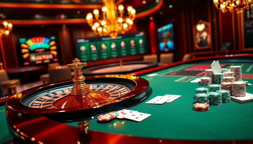 Vivez l’excitation du 'casino en ligne Français' avec une scène de jeu en ligne dynamique présentant la roulette et des jetons.