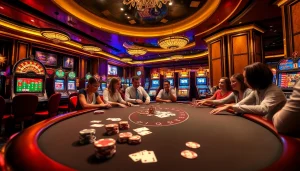 Jun88 poker players experiencing excitement at a vibrant casino table.
