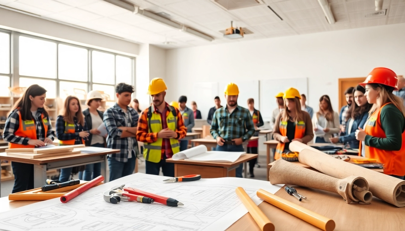 Students actively learning construction education in a practical classroom environment.