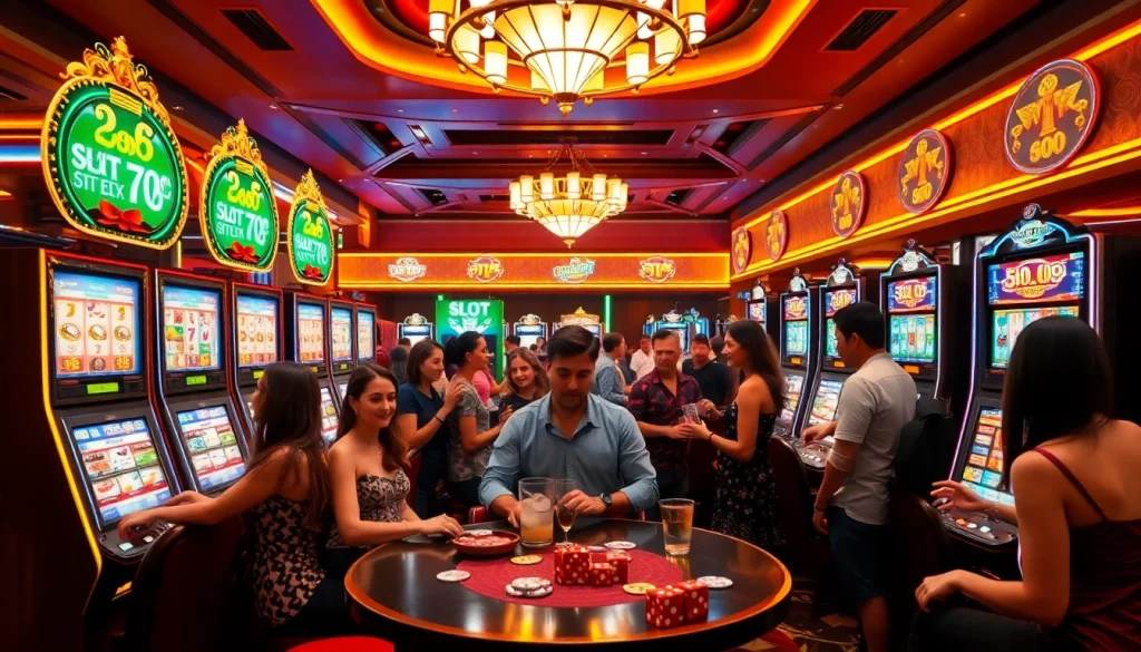 Players enjoying their winnings on slot777 machines in a vibrant casino atmosphere.