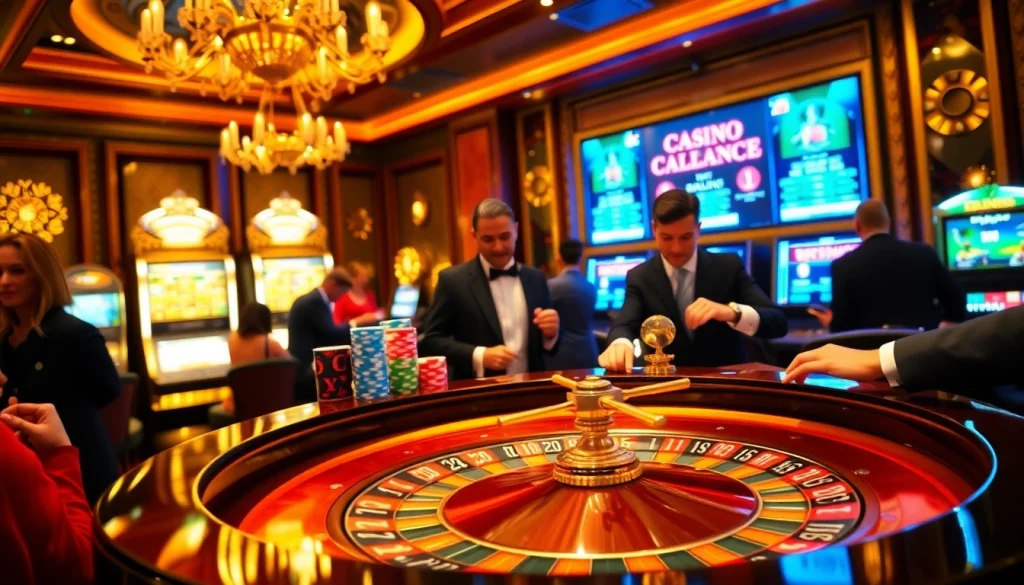 Une scène dynamique de casino en ligne Français avec roulette, jetons de poker et machines à sous vibrantes mettant en avant l'excitation.