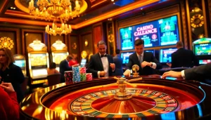 Une scène dynamique de casino en ligne Français avec roulette, jetons de poker et machines à sous vibrantes mettant en avant l'excitation.