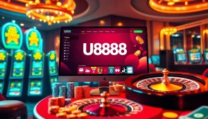 Engage with U888's thrilling online betting experience featuring vibrant casino elements.