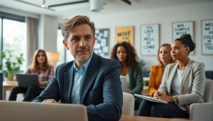 Corporate coach actively engaging in a session with clients, promoting professional development.