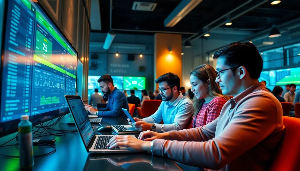 Engaging online betting scene illustrating kèo nhà cái with diverse individuals using technology.