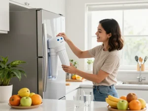 Waterdrop EDR4RXD1 Refrigerator Water Filter replacement in a bright kitchen filled with fresh fruits and clean water.