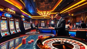 Experience excitement at RR99 casino with elegant poker tables and vibrant slot machines.