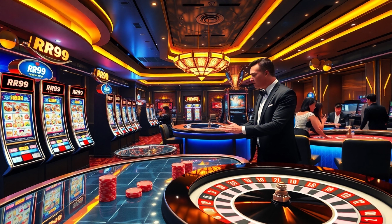 Experience excitement at RR99 casino with elegant poker tables and vibrant slot machines.