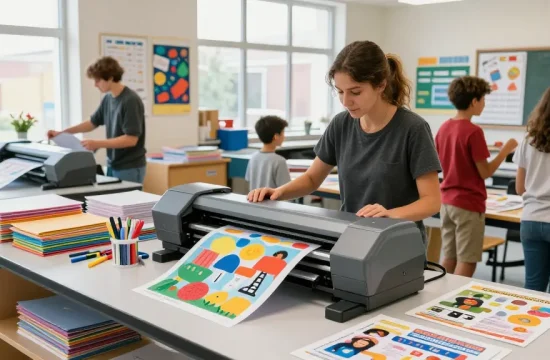 Poster Printers for schools showcasing vibrant educational posters in a lively school print shop.