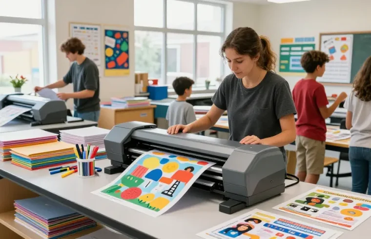 Poster Printers for schools showcasing vibrant educational posters in a lively school print shop.