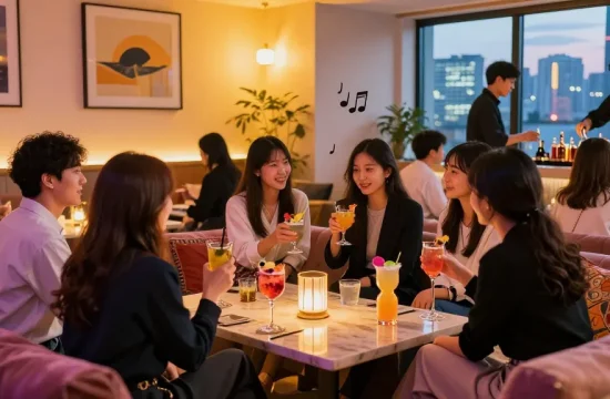 Social gathering at 상봉동 한국관나이트, vibrant ambiance with stylish friends enjoying drinks.