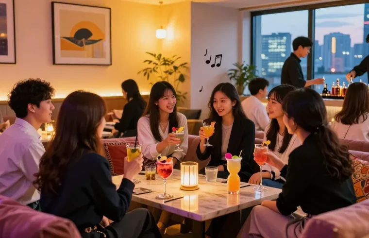 Social gathering at 상봉동 한국관나이트, vibrant ambiance with stylish friends enjoying drinks.