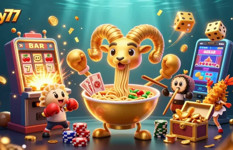 Experience big wins with lucky77 at a vibrant casino scene bursting with excitement and jackpot symbols.
