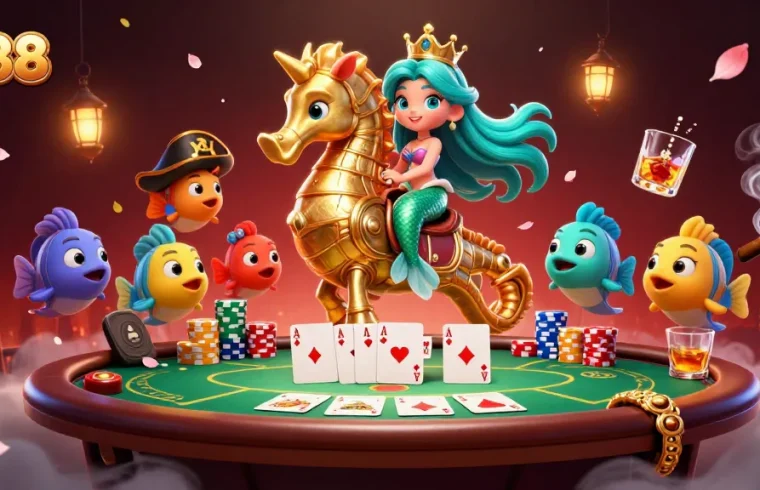 Win big with M88 in a vibrant 3D casino scene featuring colorful characters and poker elements.